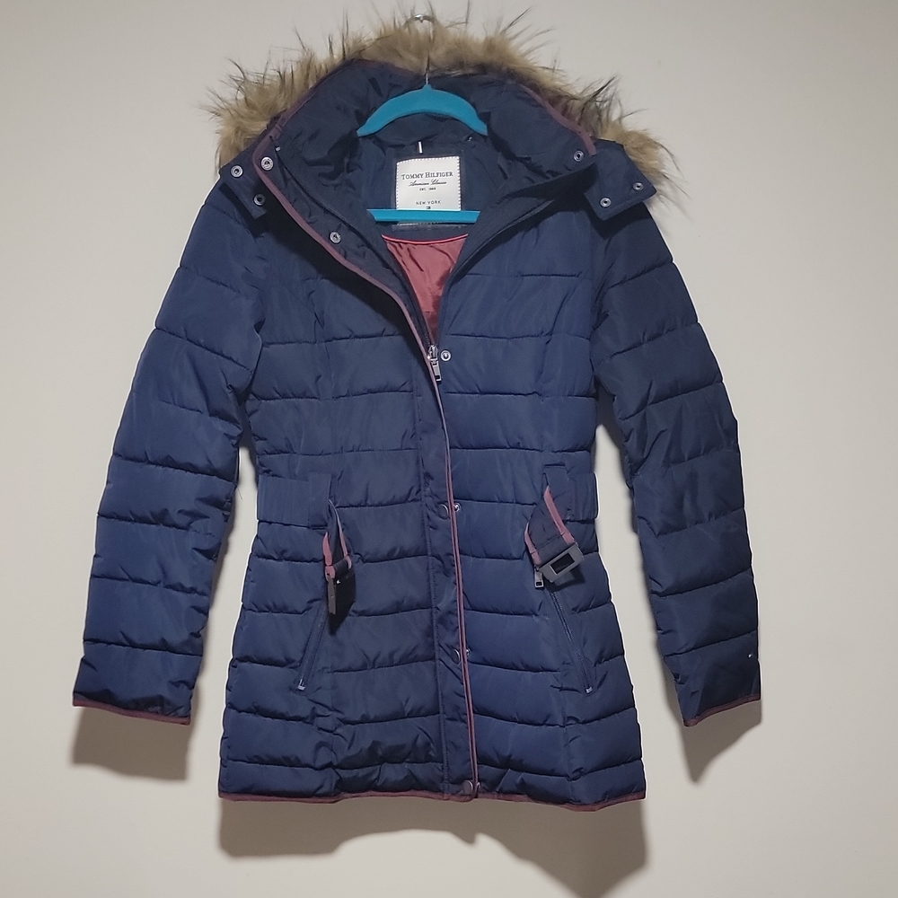 Tommy Hilfiger Women's Navy Puffer Coat with Faux Fur Hood